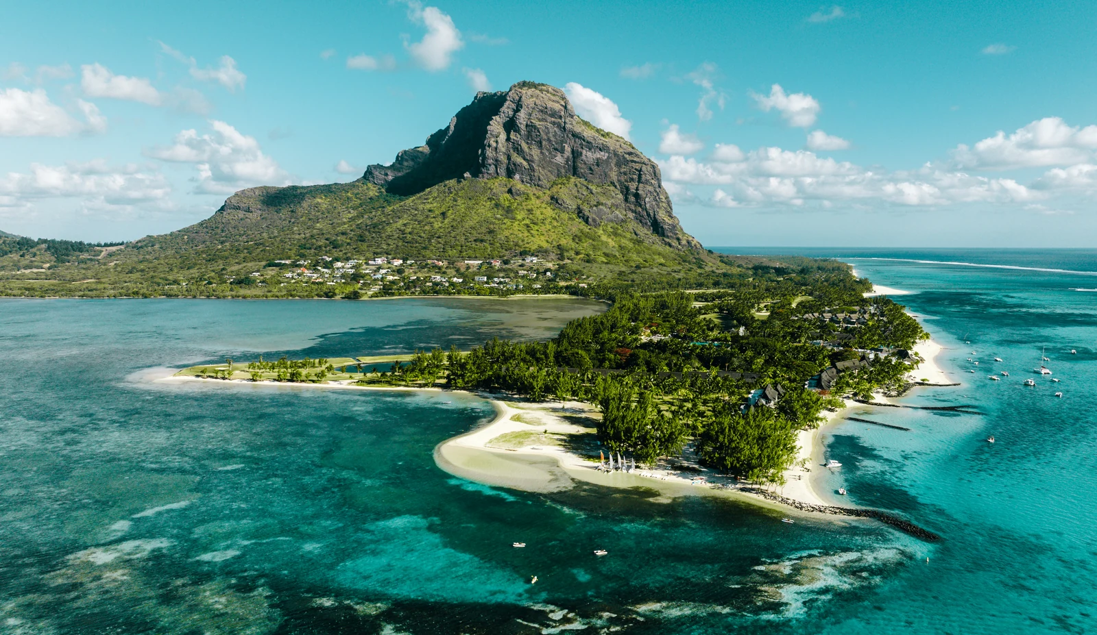 Le Morne and the lagoon, Mauritius, from the air